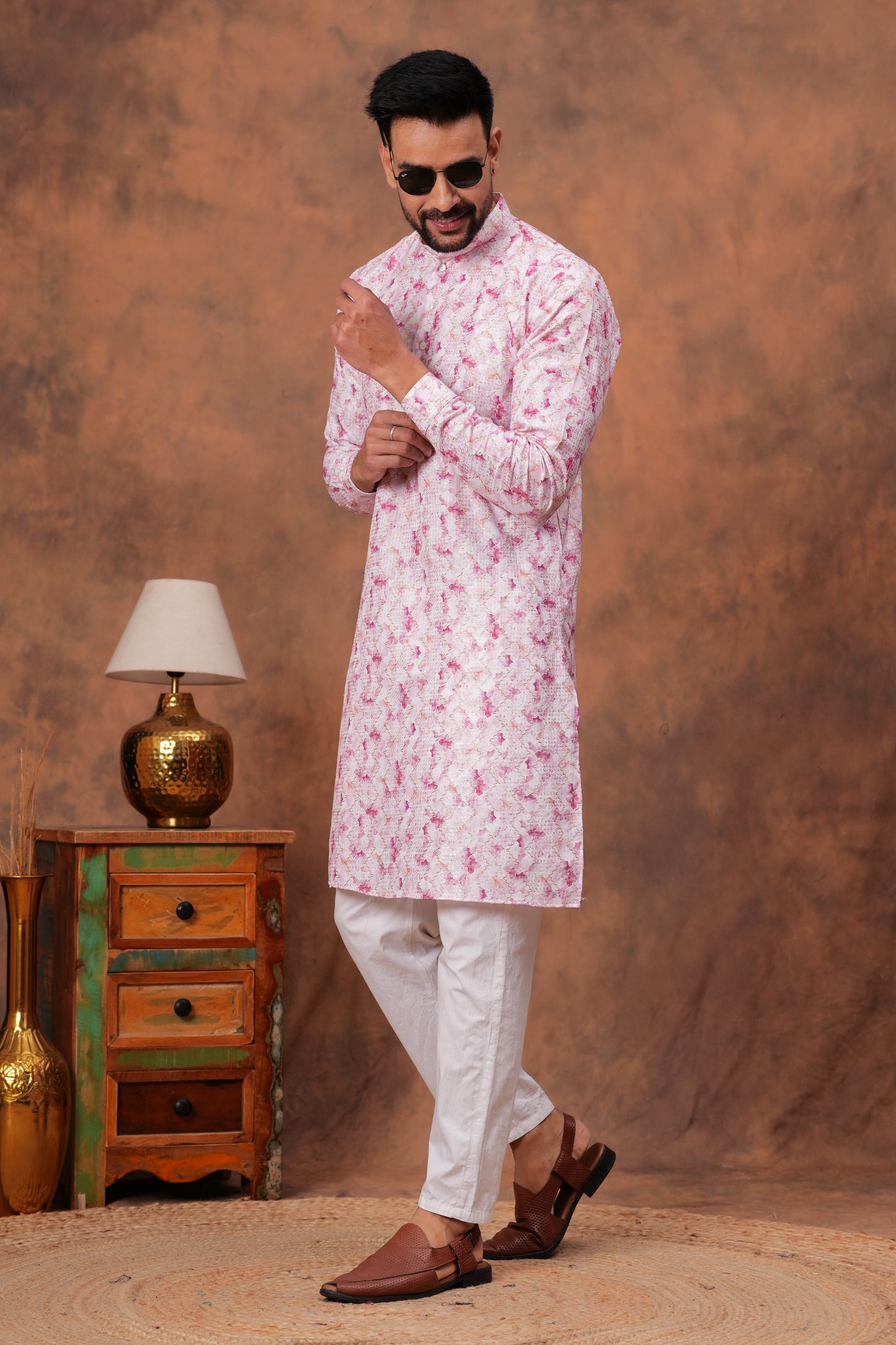 Pink Floral Crochet Kurta for Men's
