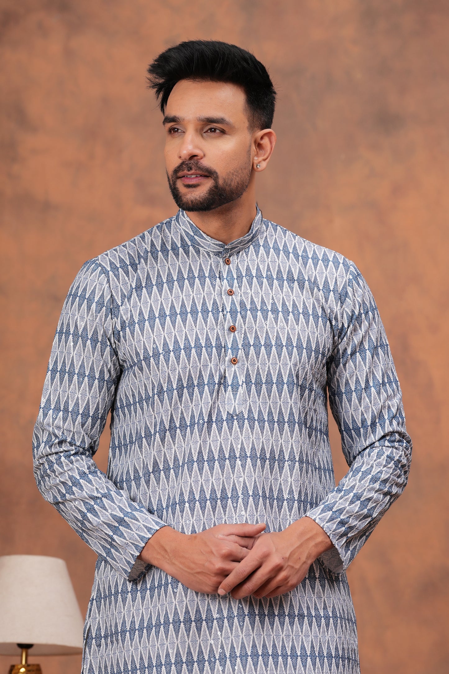 Blue Ikat Chickenkari Printed Kurta for Men's