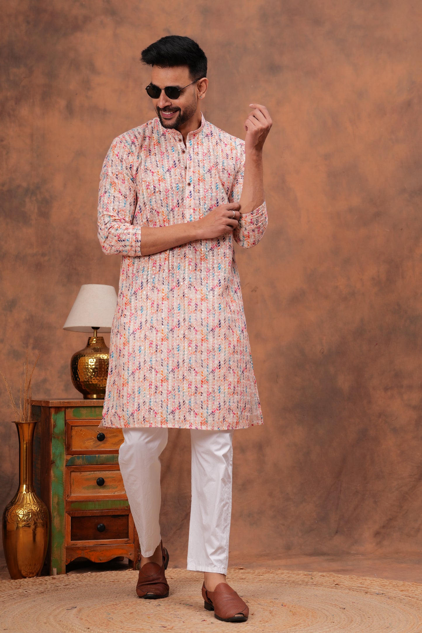 Peach Floral Printed Chikankari Kurta