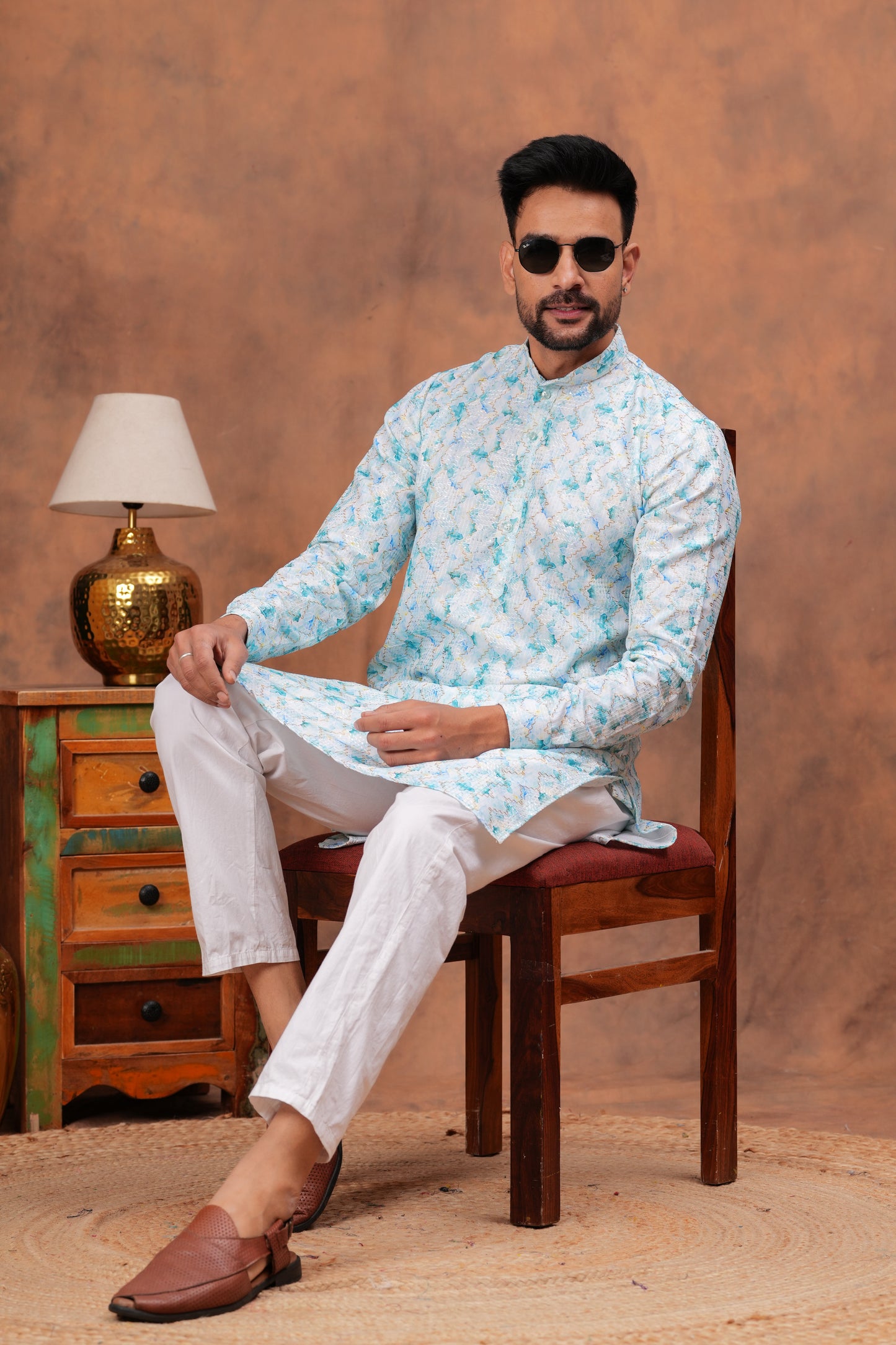 White Floral Printed Crochet Kurta