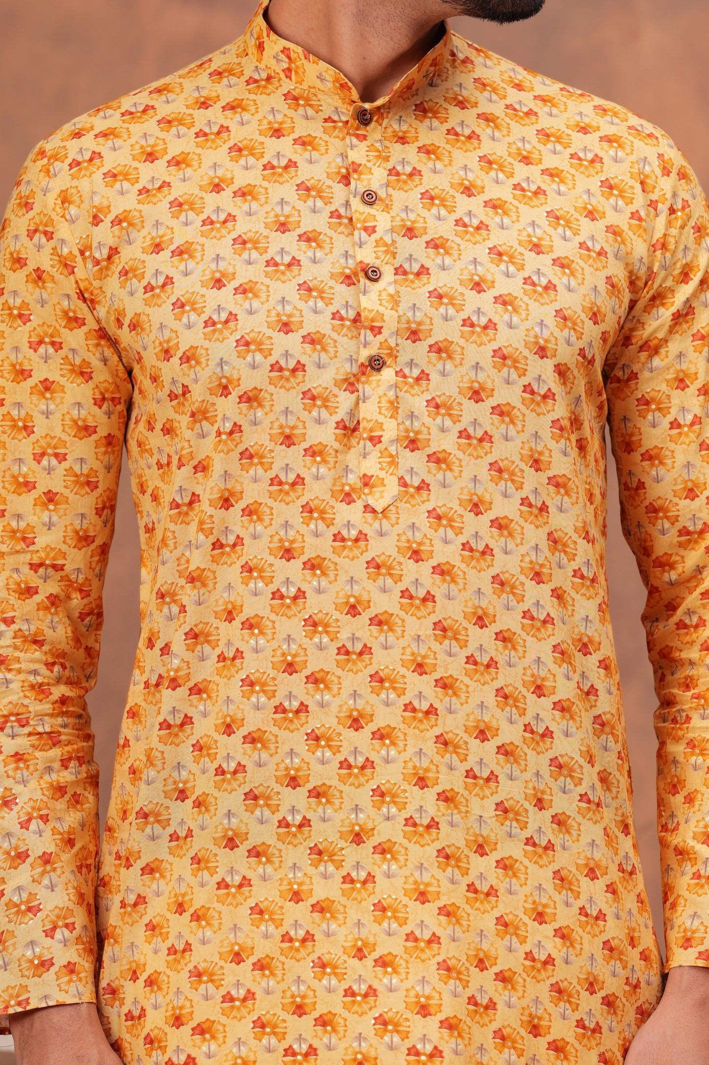 Men's Yellow Foil Printed Cotton Kurta