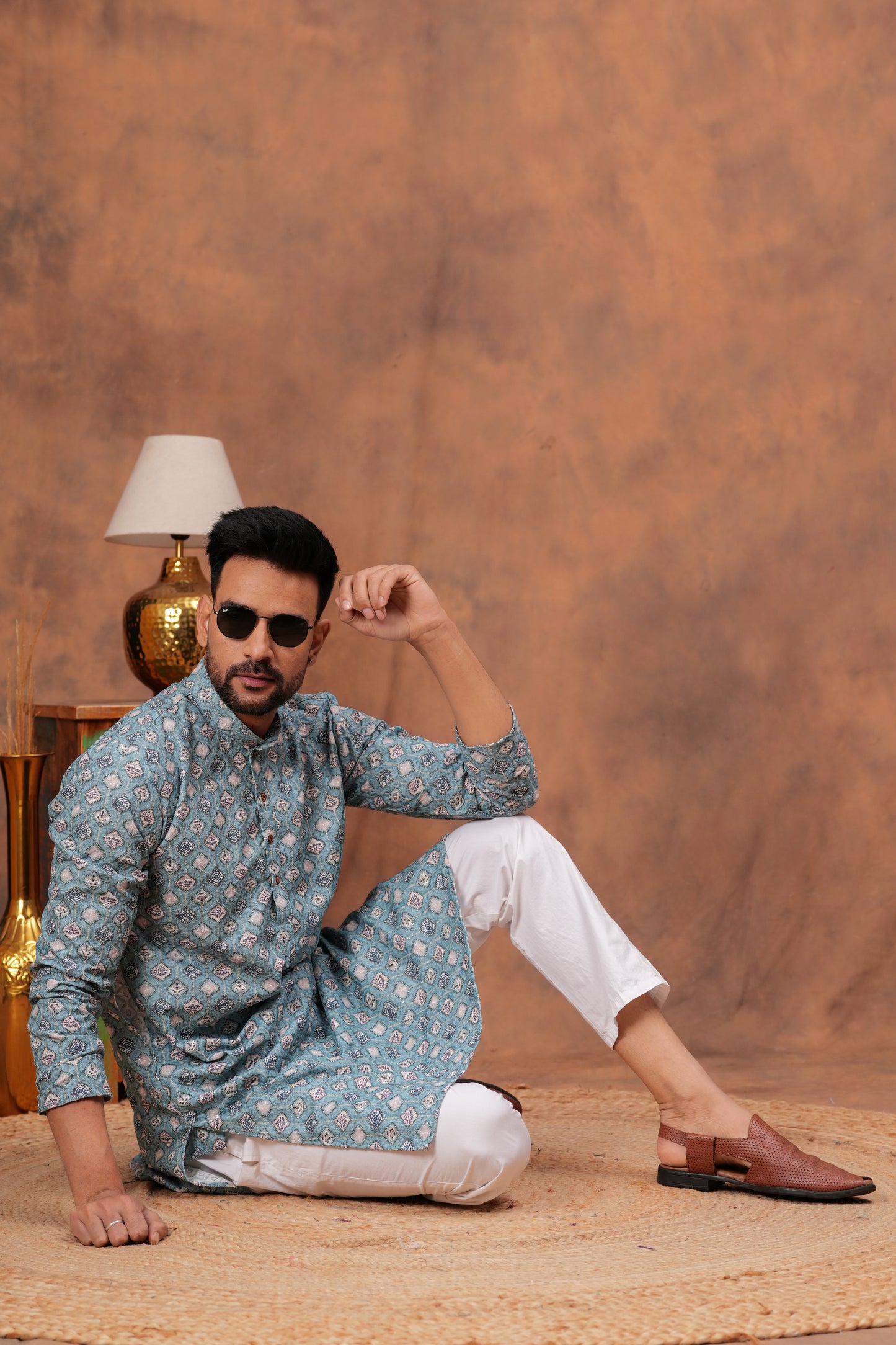 Men's Light Blue Floral Printed Chickenkari Kurta