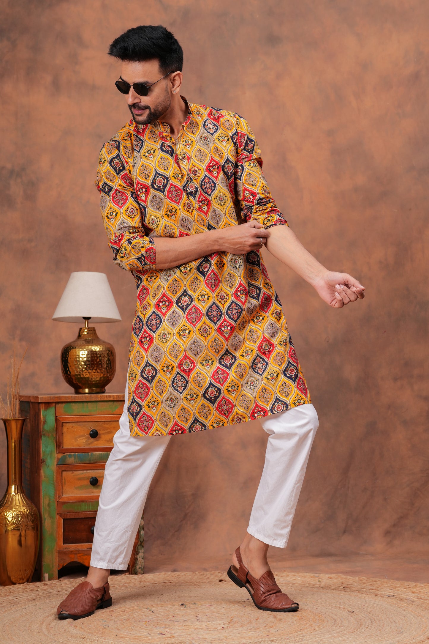 Men's Multicolor Foil Printed Cotton Kurta