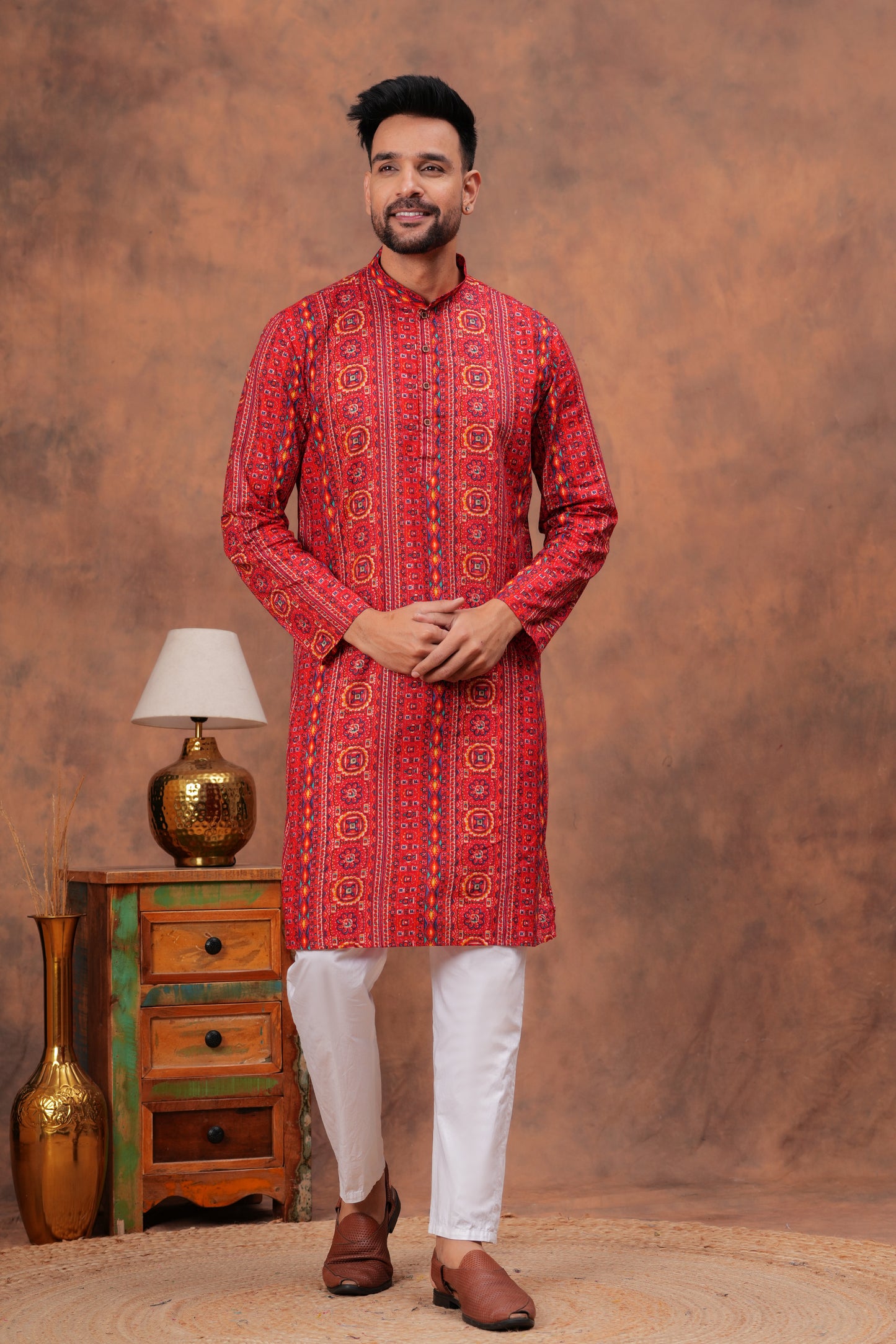 Men's Traditional Red Foil Printed Kurta