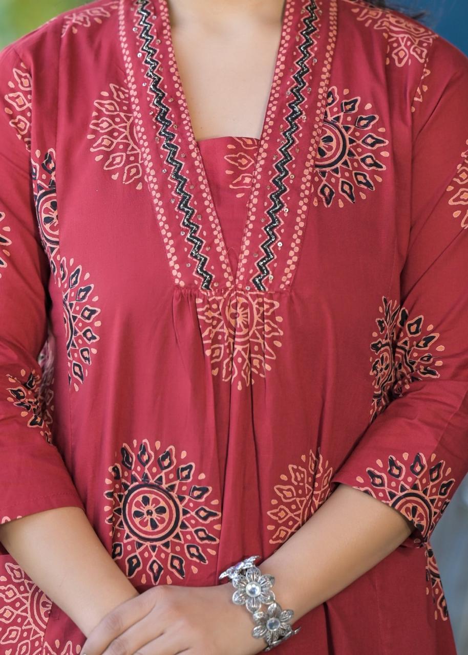 Rust Red Handblock Kurta Set